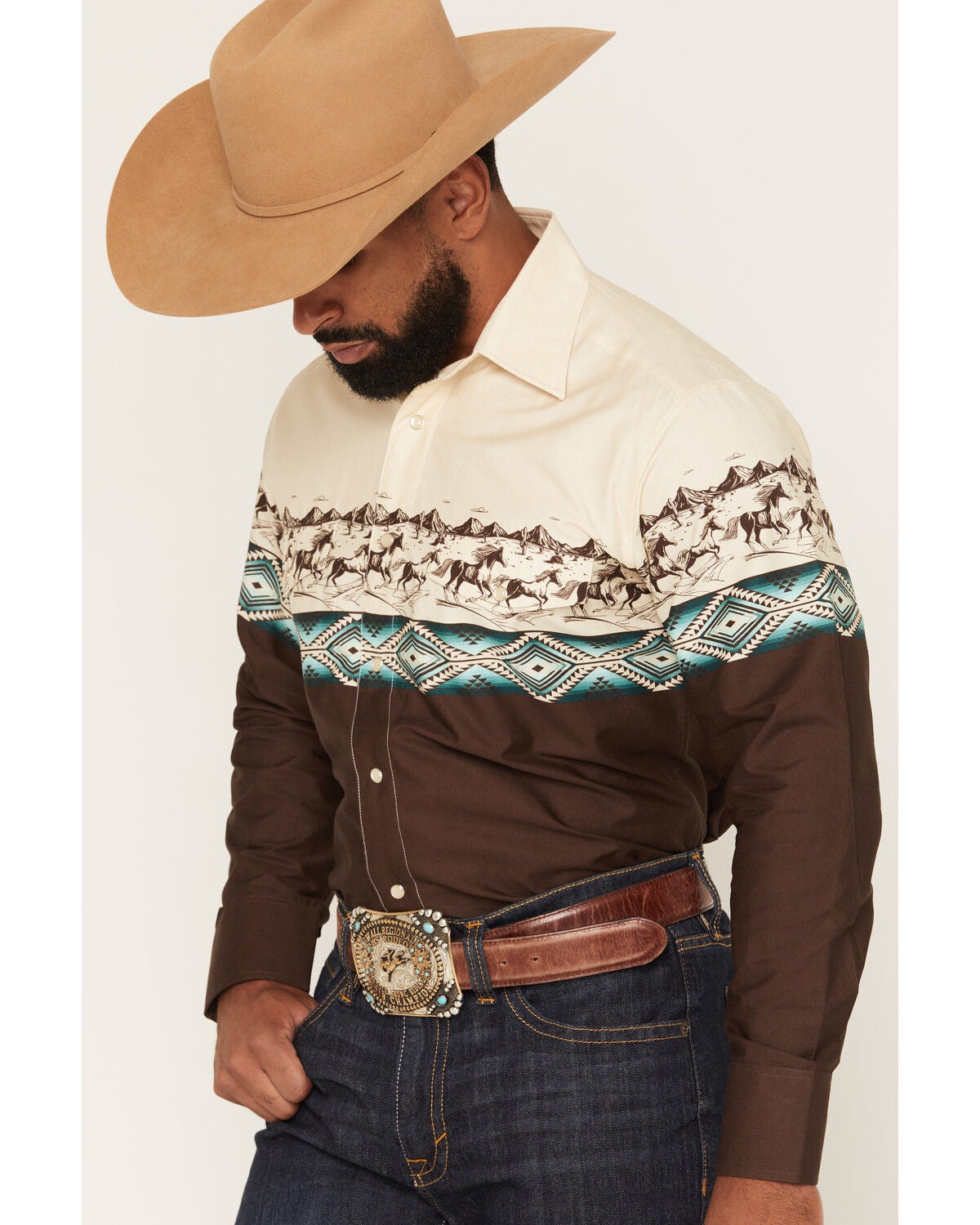 Image #2 - Panhandle Slim Men's Southwestern Horse Border Print Long Sleeve Pearl Snap Western Shirt, Brown, hi-res