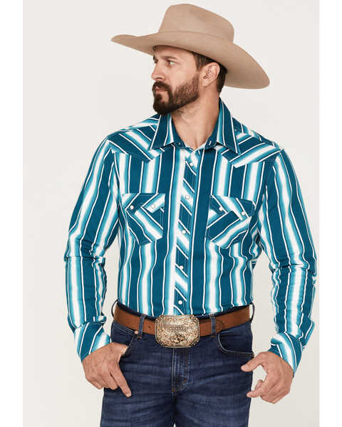 Image #1 - Rock & Roll Denim Men's Dale Brisby Stripe Stretch Long Sleeve Pearl Snap Shirt, Turquoise, hi-res