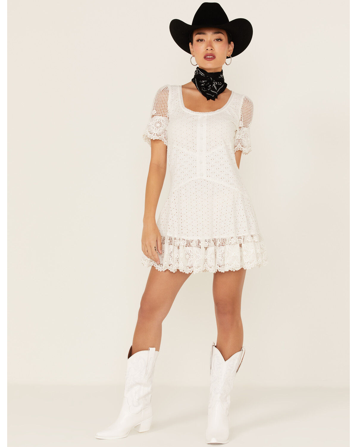 Image #2 - Maia Bergman Women's Ori Crochet Eyelet Short Sleeve Mini Dress, White, hi-res