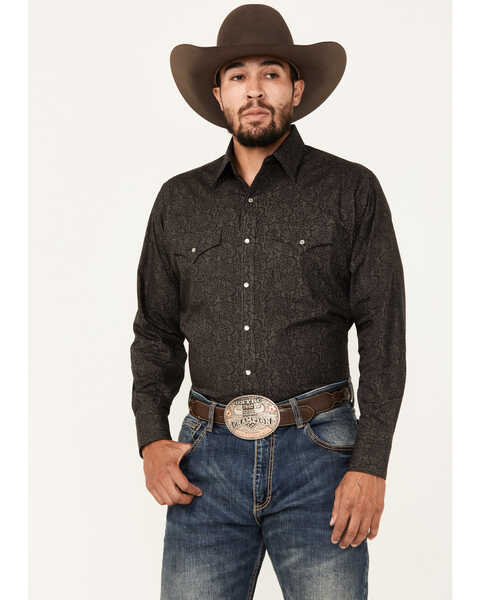 Image #1 - Ely Walker Men's Paisley Print Long Sleeve Pearl Snap Western Shirt, Black, hi-res