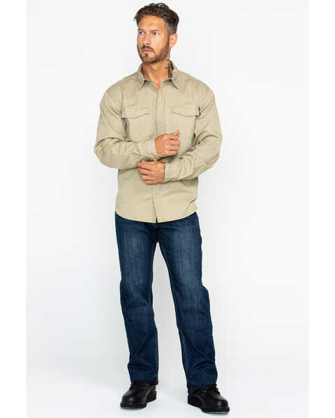 Image #6 - Hawx Men's Solid Twill Pearl Snap Long Sleeve Work Shirt , Beige/khaki, hi-res
