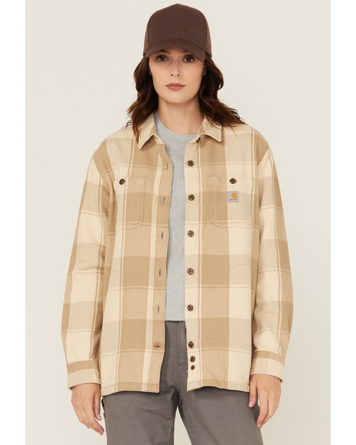 Carhartt Women's Rugged Flex&reg; Loose Fit Heavyweight Duck Shacket, Oatmeal, hi-res