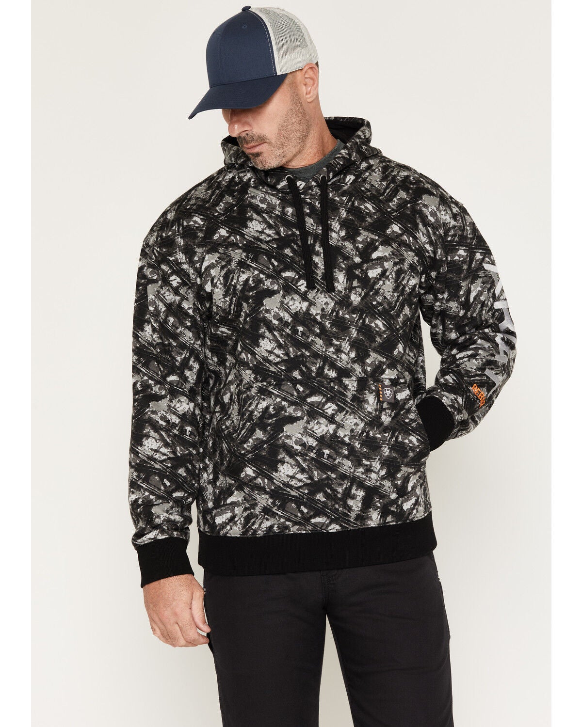 Image #1 - Ariat Men's Rebar Workman Camo Print Hooded Sweatshirt, Black, hi-res