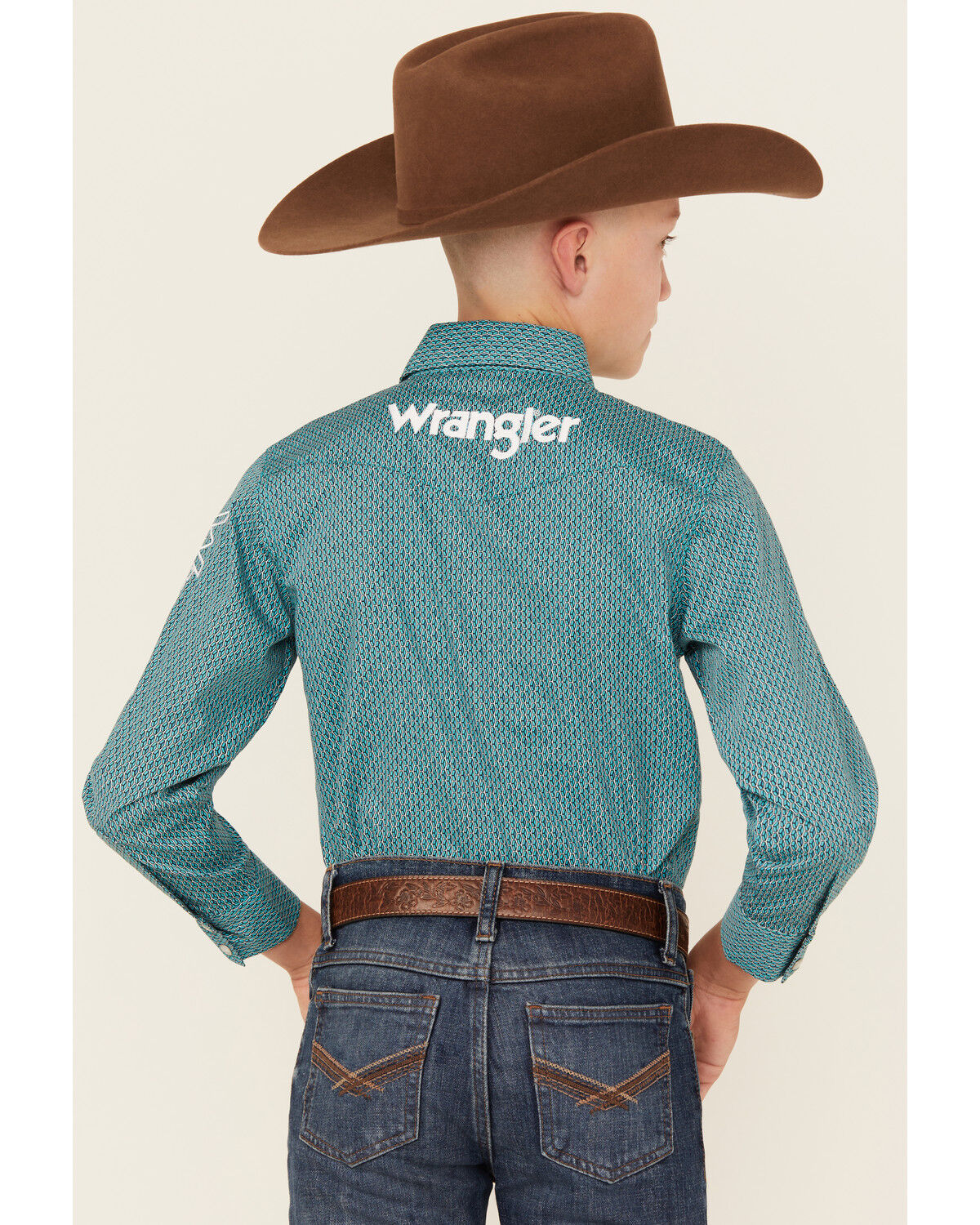 Image #4 - Wrangler Boys' Logo Sleeve Printed Long Sleeve Snap Western Shirt, Turquoise, hi-res