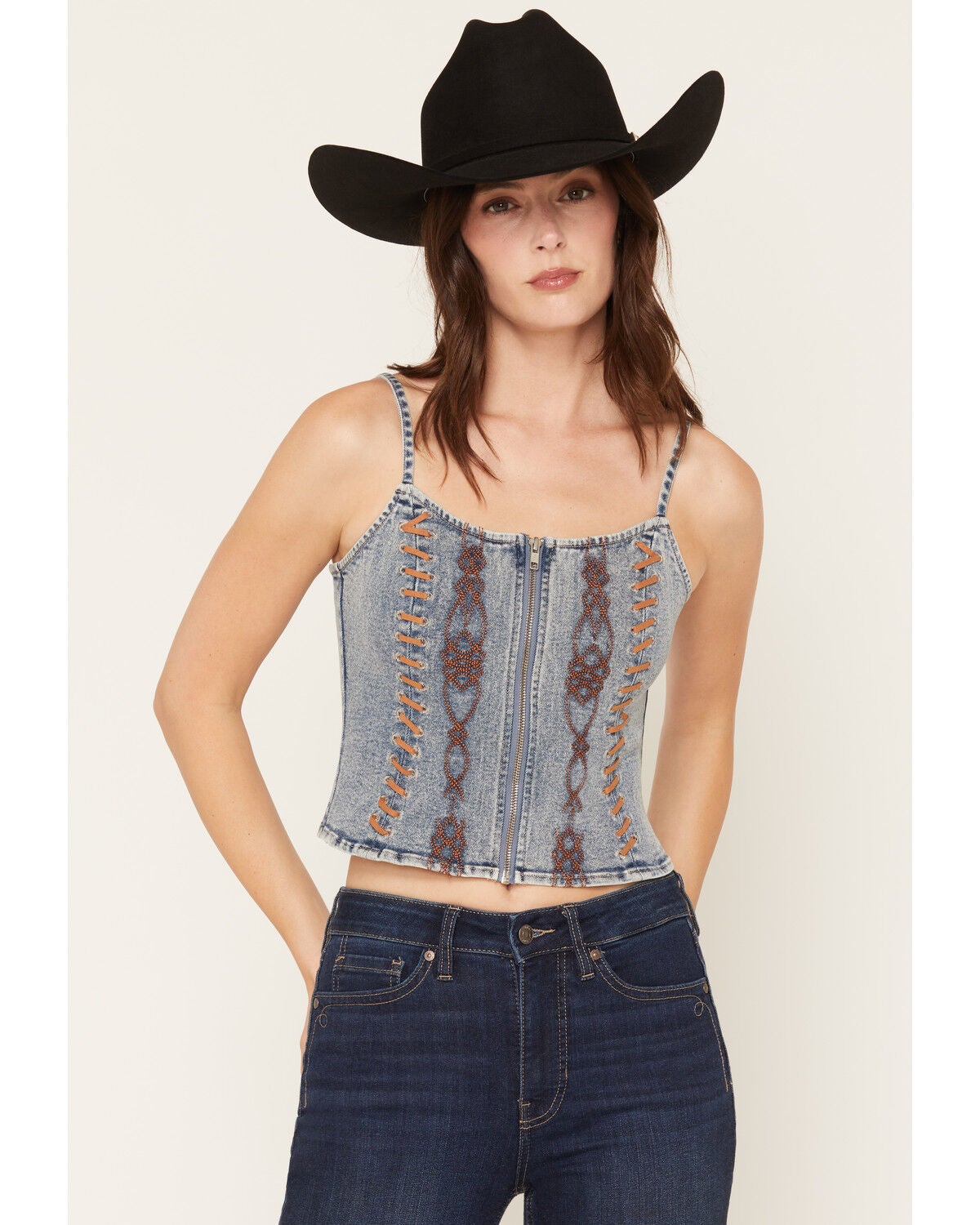 Blue B Women's Denim Embroidered Bustier, Medium Wash, hi-res