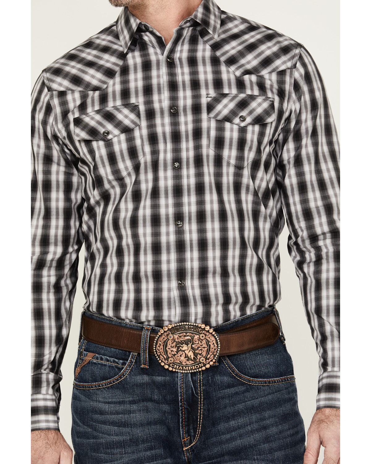Image #3 - Gibson Men's Black Smoke Plaid Print Long Sleeve Snap Western Shirt, Black, hi-res