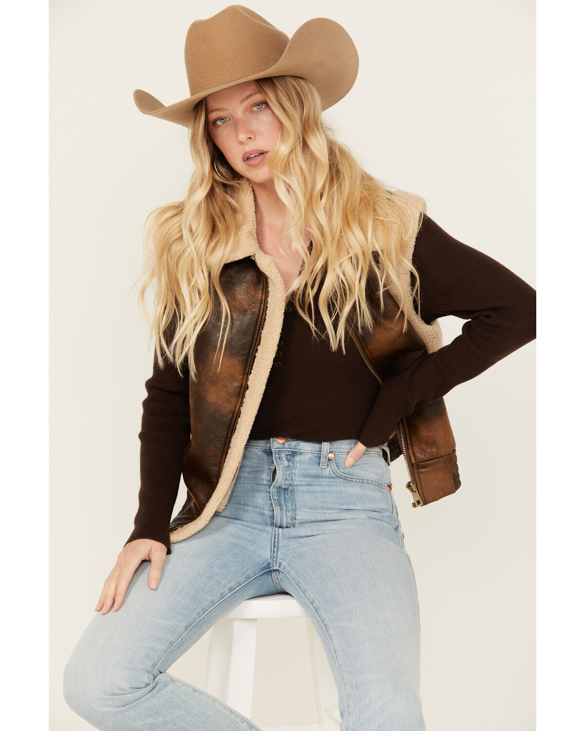 Image #4 - 26 International Women's Faux Leather Aviator Sherpa Vest, Brown, hi-res