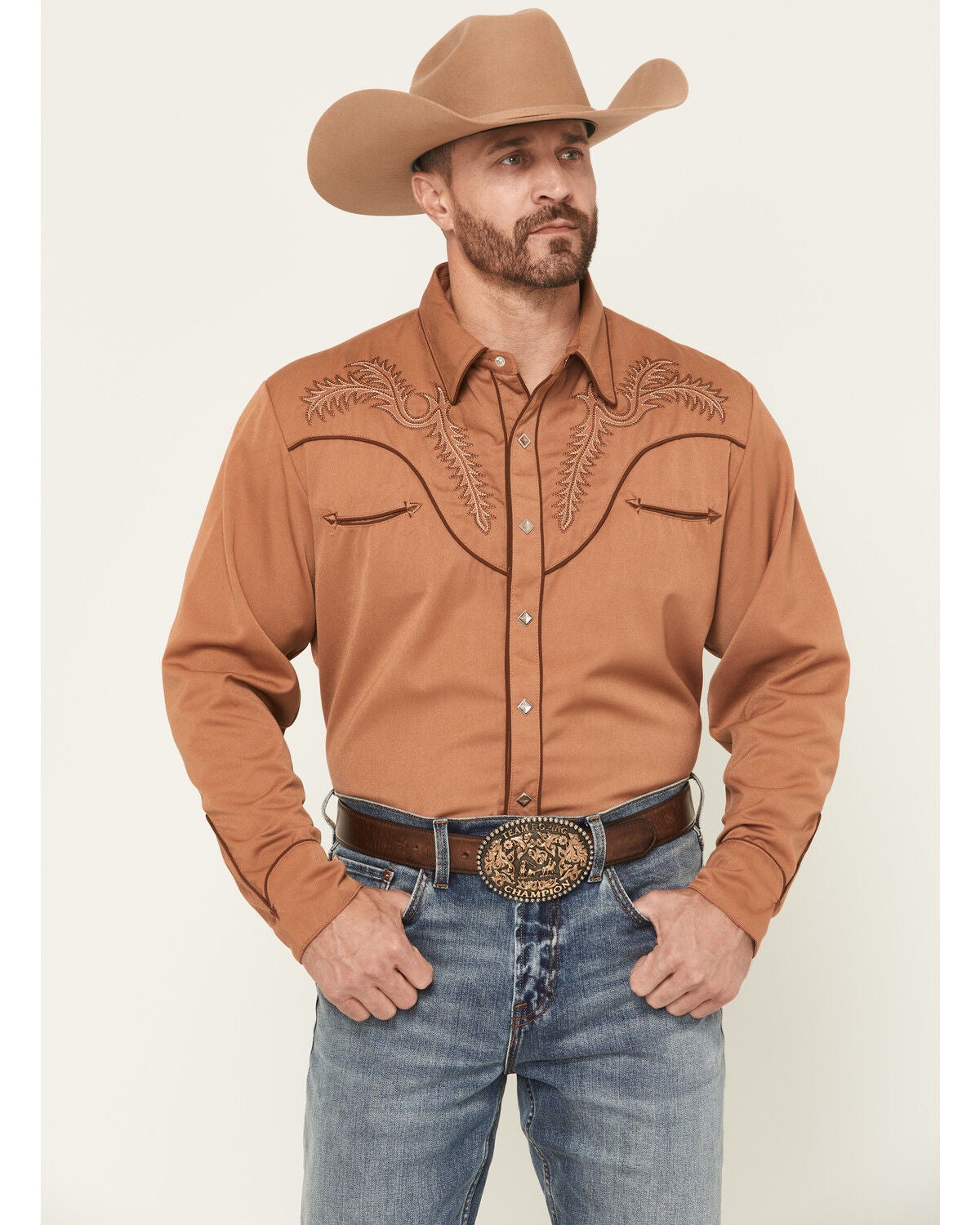 Scully Men's Embroidered Long Sleeve Snap Western Shirt, Brown, hi-res