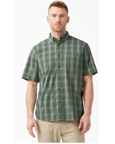 Dickies Men's FLEX Plaid Print Short Sleeve Button Down Work Shirt , Dark Green, hi-res