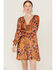 Beyond The Radar Women's Floral Dot Satin Long Sleeve Dress , Mustard, hi-res