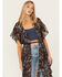 Image #2 - Angie Women's Floral Bird Print Ruffle Kimono , Black, hi-res