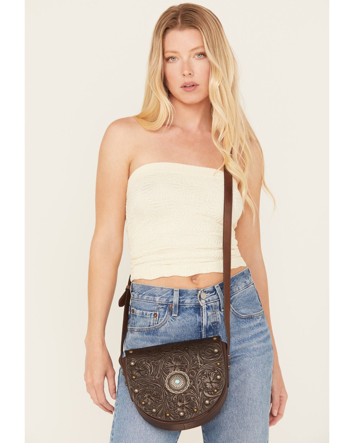 Shyanne Women's Tooled Crossbody Bag, Brown, hi-res