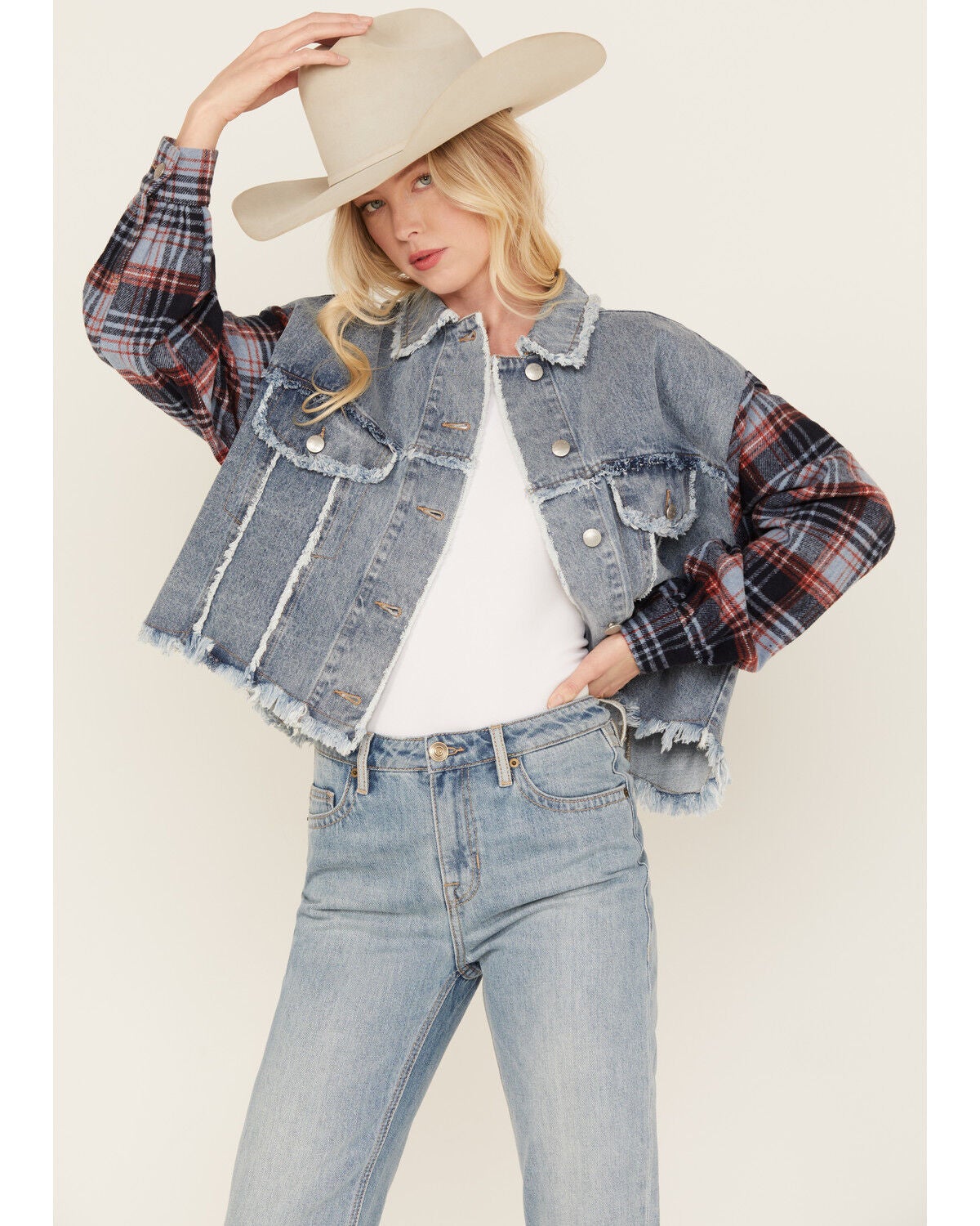 Miss Me Women's Medium Wash Denim Plaid Crochet Back Cropped Jacket, Medium Wash, hi-res