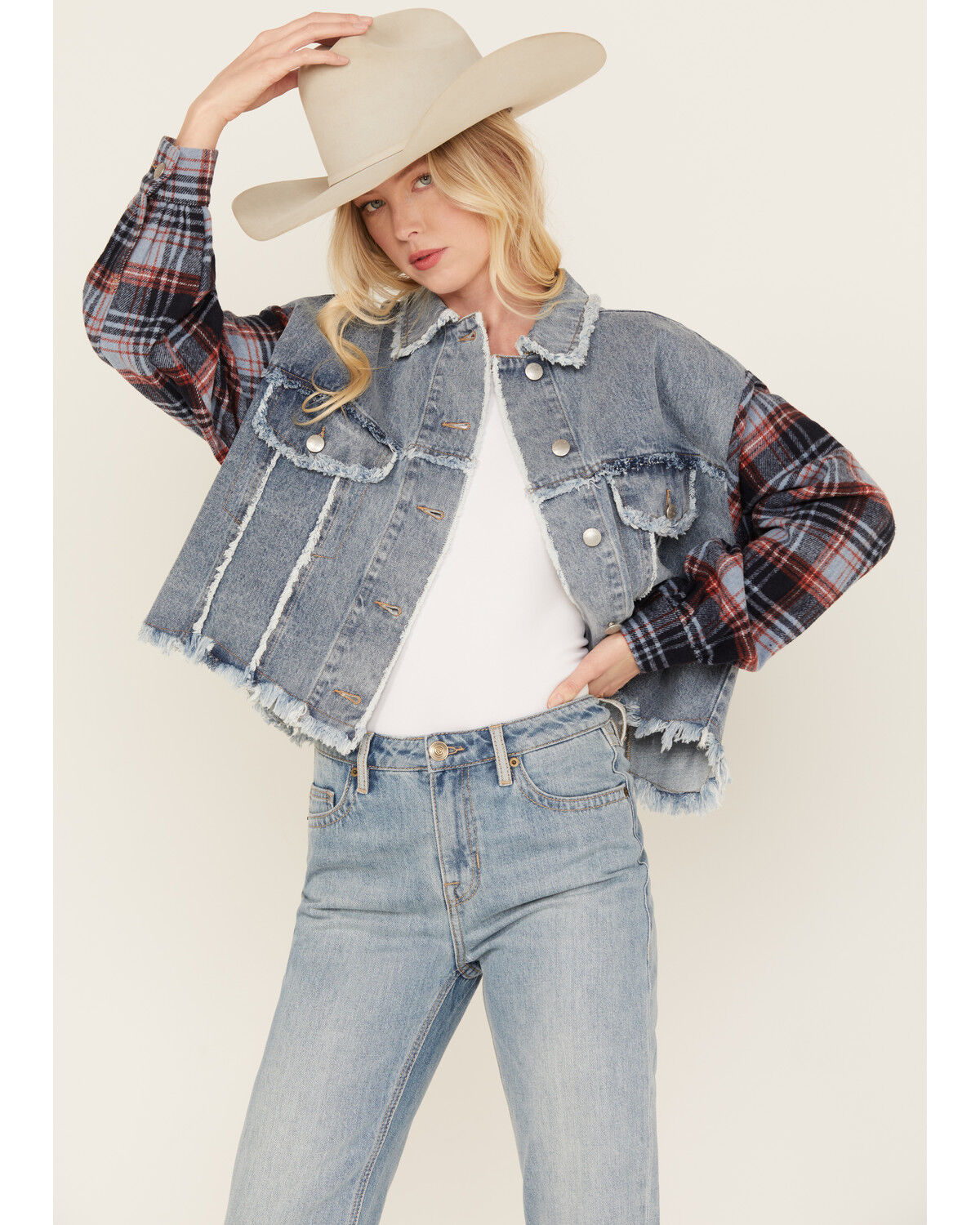 Image #1 - Miss Me Women's Medium Wash Denim Plaid Crochet Back Cropped Jacket, Medium Wash, hi-res