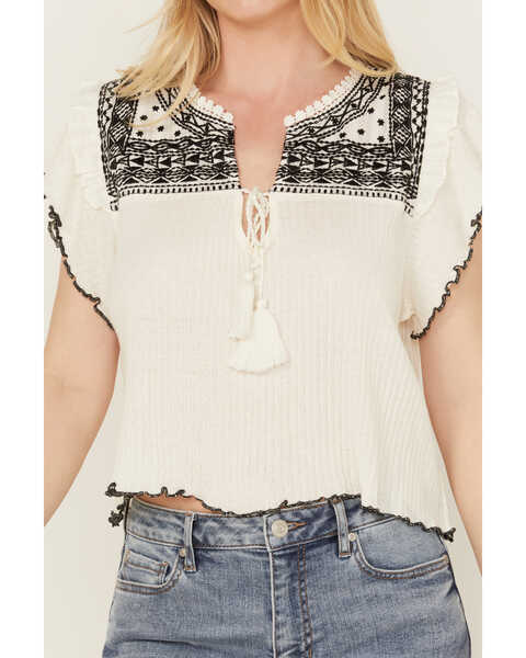 Image #3 - Free People Women's Ribbed Short Sleeve Embroidered Shirt , White, hi-res