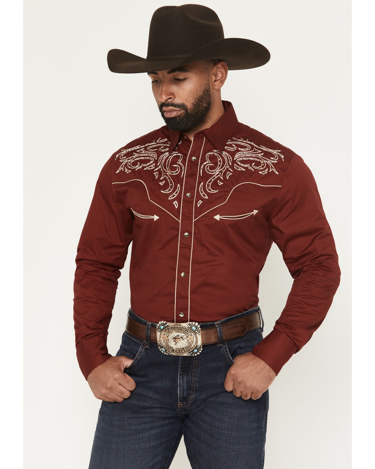 Image #1 - Rodeo Clothing Men's Embroidered Embellished Long Sleeve Snap Western Shirt, Burgundy, hi-res