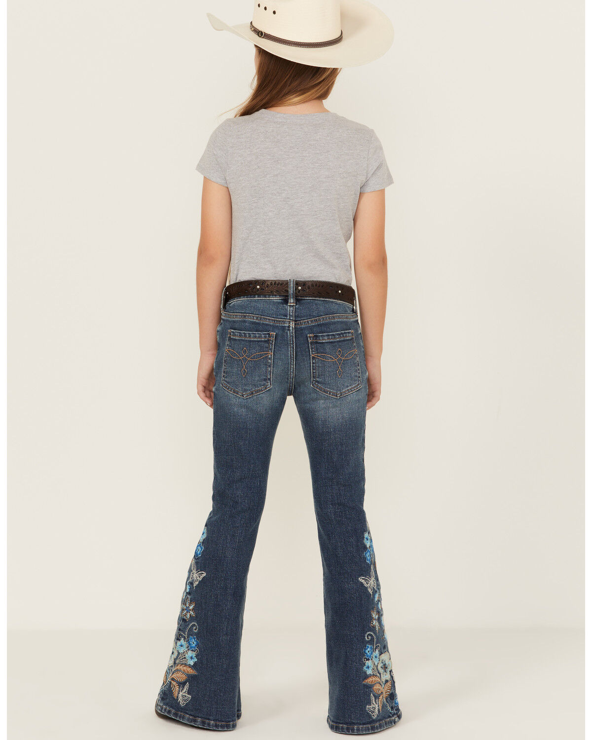 Image #1 - Shyanne Little Girls' Althea Floral Embroidered Flare Stretch Denim Jeans, Medium Wash, hi-res