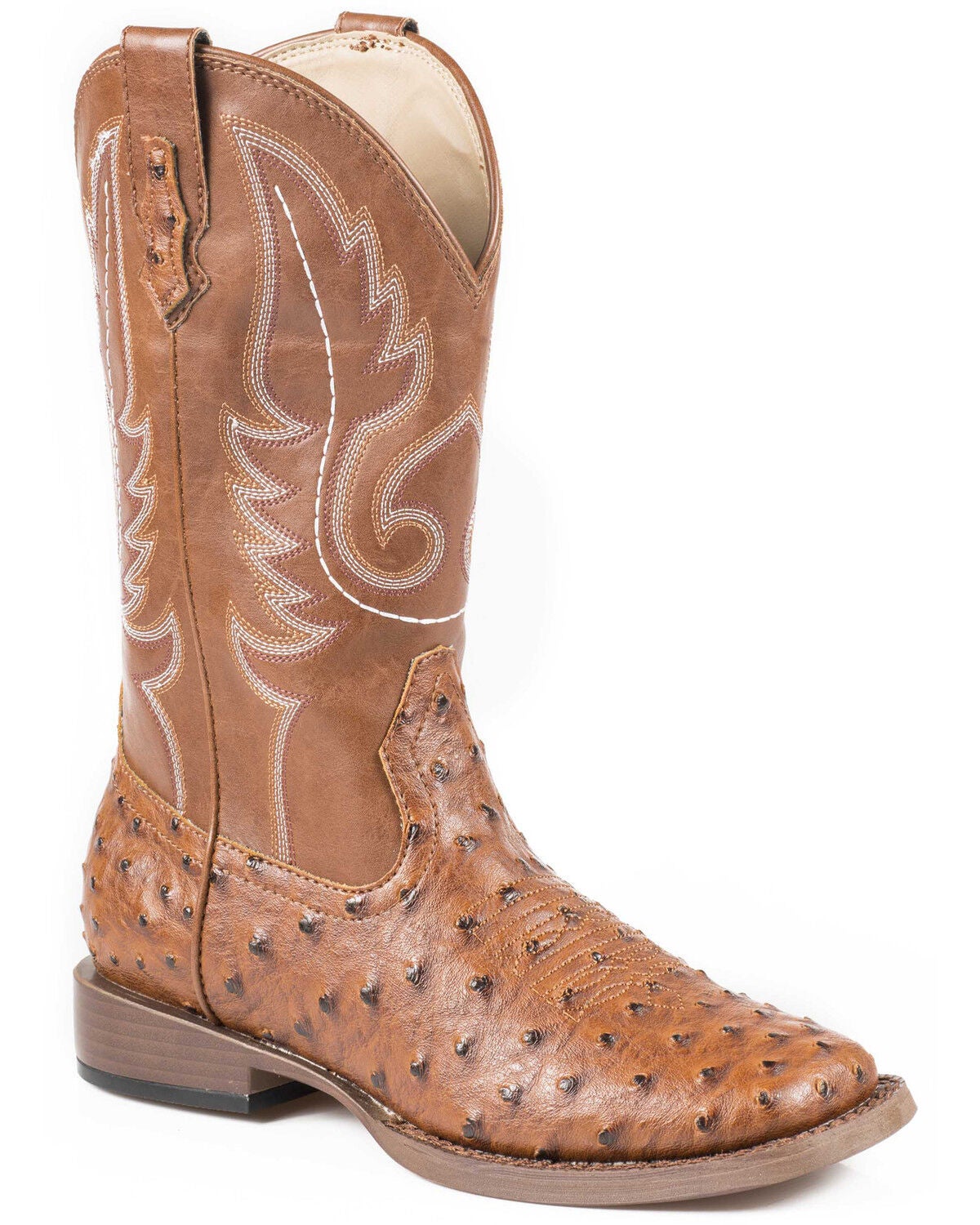 Roper Boys' Ostrich Print Western Boots - Square Toe, Tan, hi-res