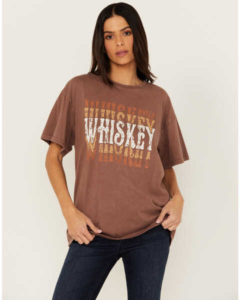 Image #1 - Rock & Roll Denim Women's Whiskey Rhinestone Short Sleeve Graphic Tee , Brown, hi-res