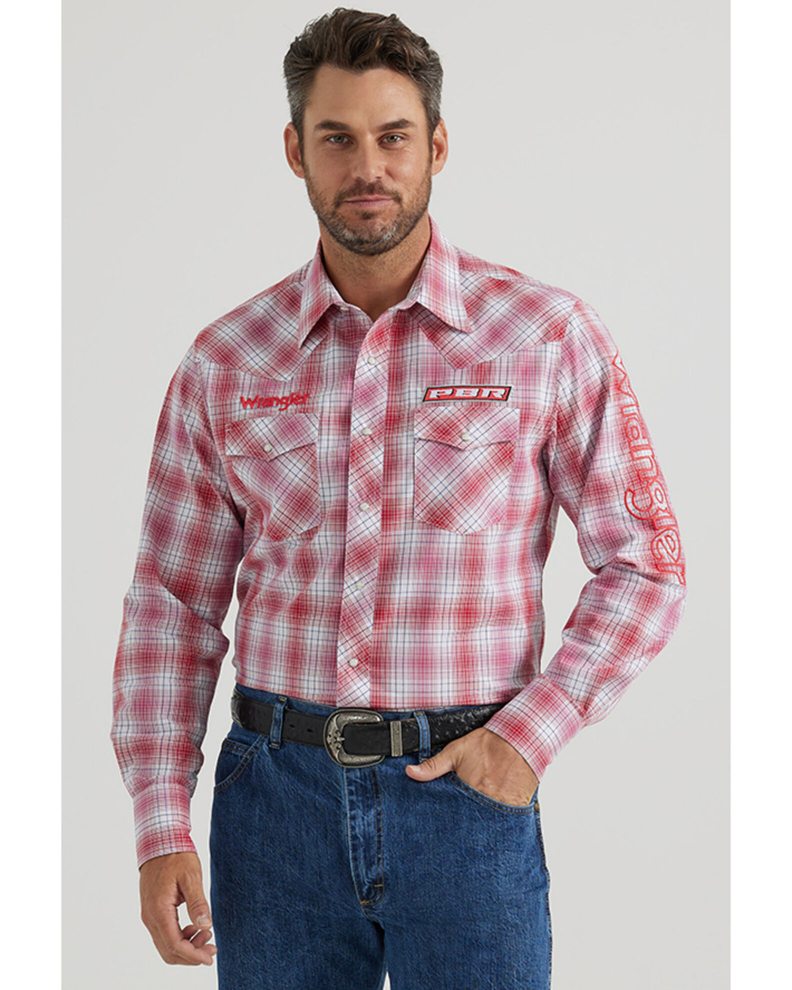 Wrangler Men s PBR Logo Plaid Print Long Sleeve Snap Western Shirt Tall Sheplers