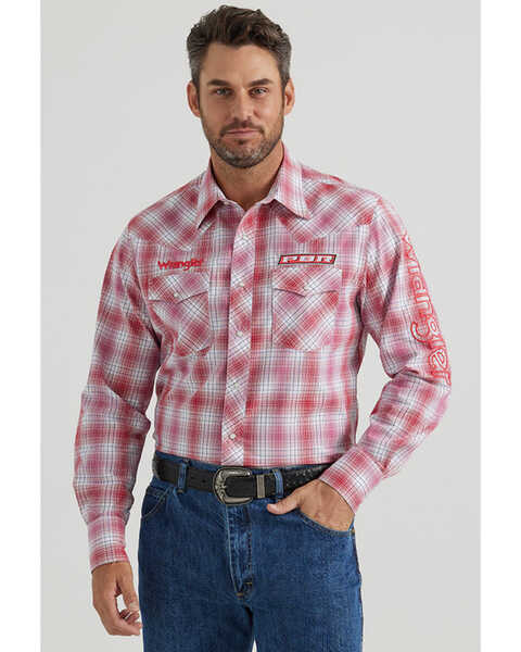 Image #1 - Wrangler Men's PBR Logo Plaid Print Long Sleeve Snap Western Shirt - Tall , Red, hi-res