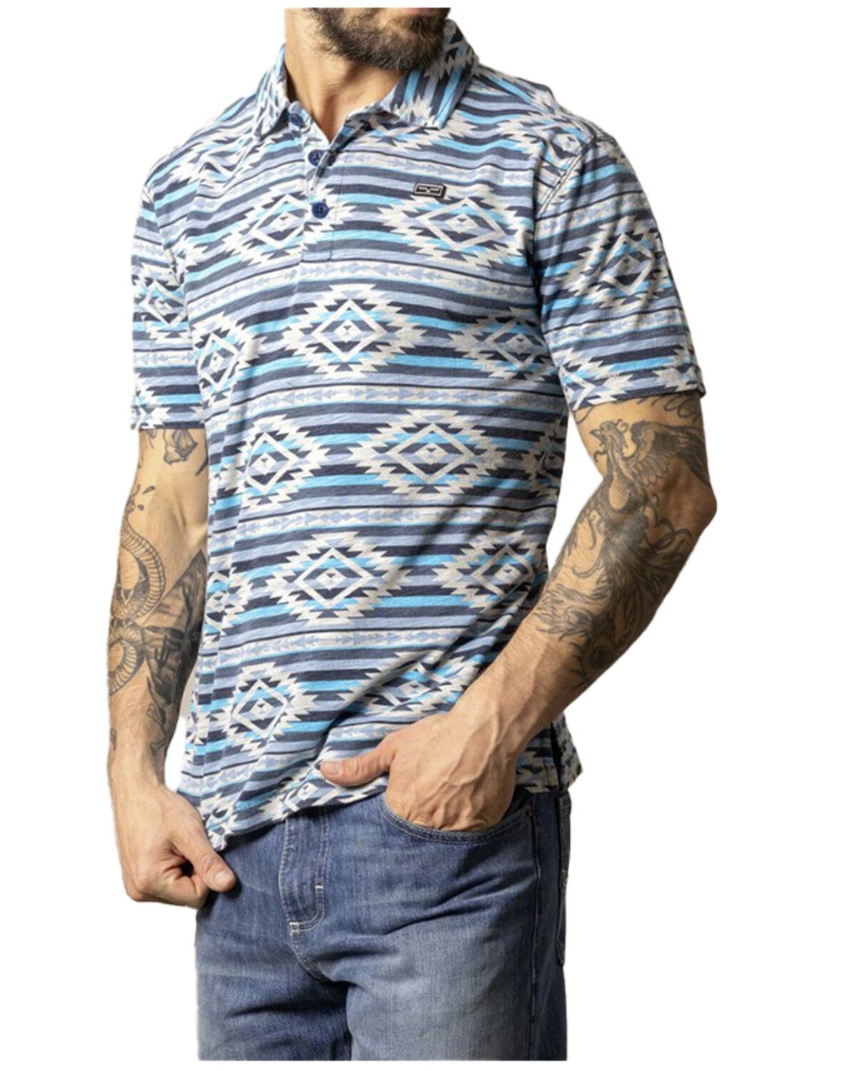 Image #2 - Kimes Ranch Men's Tulum Southwestern Striped Short Sleeve Button-Down Polo, Navy, hi-res