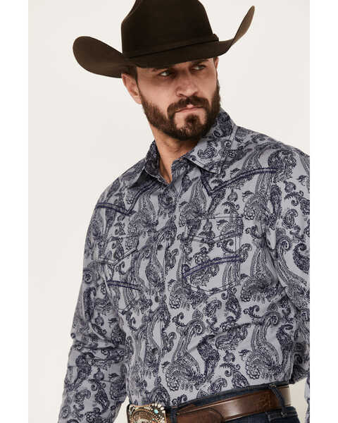 Wrangler Men's Rock 47 Paisley Print Long Sleeve Snap Western Shirt, Navy, hi-res