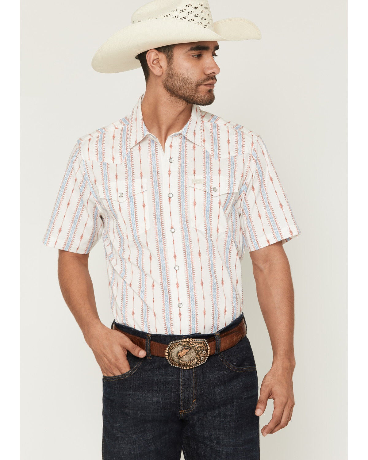 Image #1 - Kimes Ranch Men's Sonny COOLMAX&reg; Stripe Print Short Sleeve Snap Western Shirt, Red, hi-res
