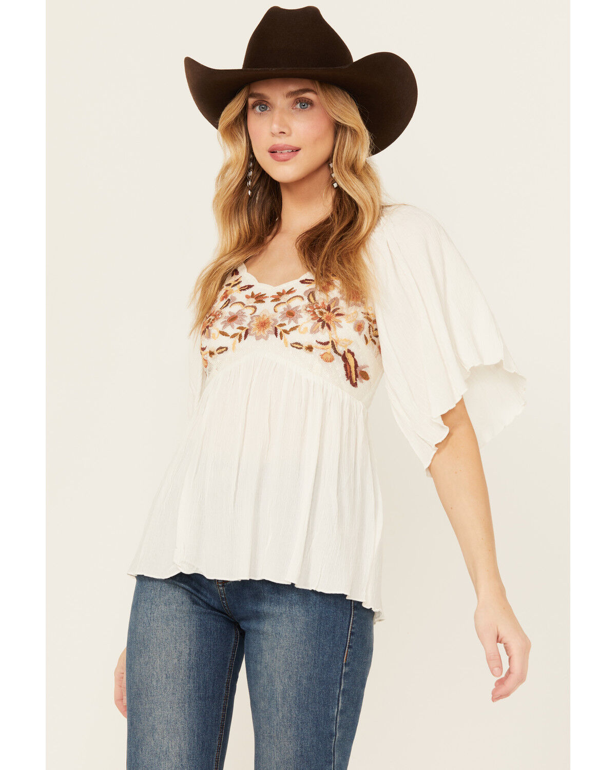 Image #1 - Shyanne Women's Embroidered Bodice Short Sleeve Crinkle Peasant Top, Cream, hi-res