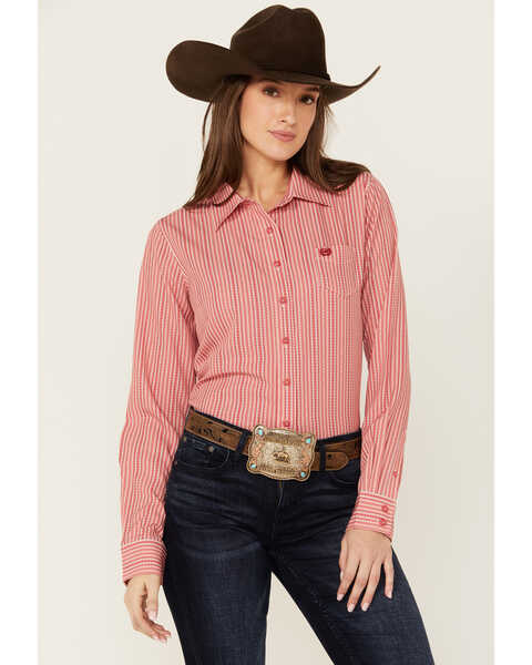 Cinch Women's ARENAFLEX Striped Long Sleeve Button-Down Western Core Shirt , Red, hi-res