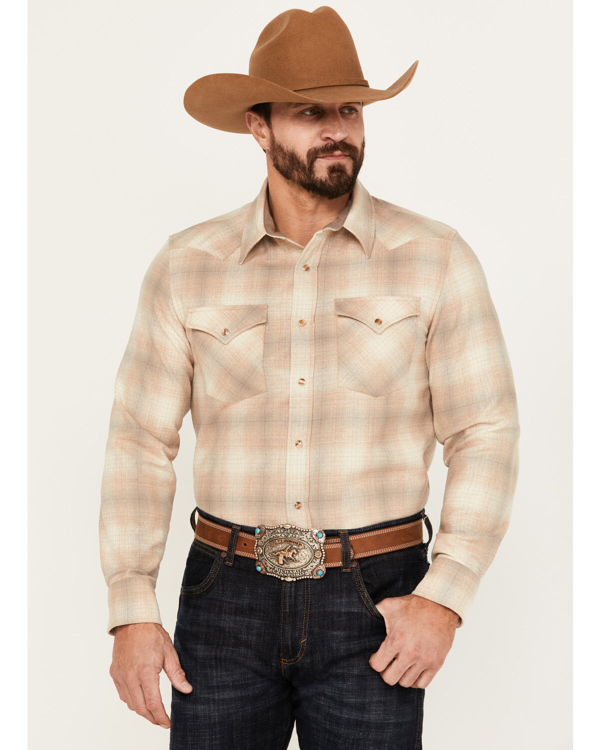 Image #1 - Pendleton Men's Canyon Plaid Print Long Sleeve Western Flannel Snap Shirt, Tan, hi-res