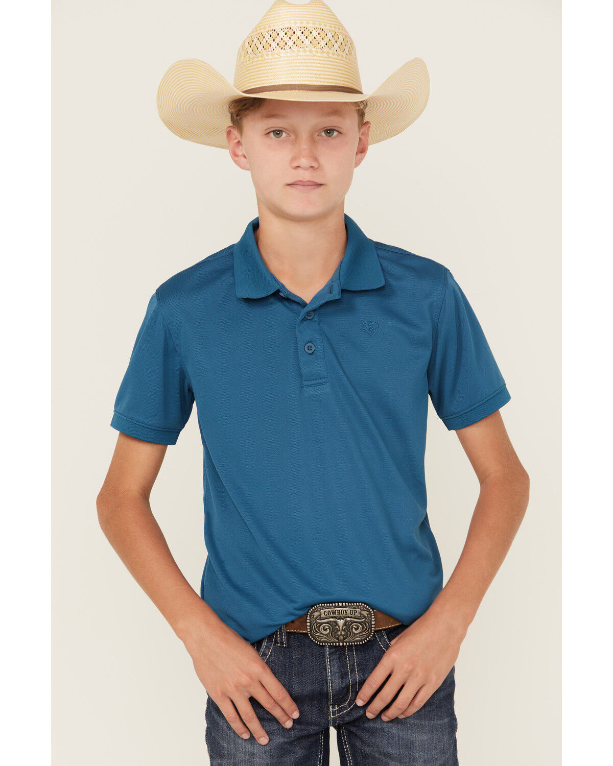 Image #1 - Ariat Boys' Tek Short Sleeve Button-Down Polo Shirt, Blue, hi-res