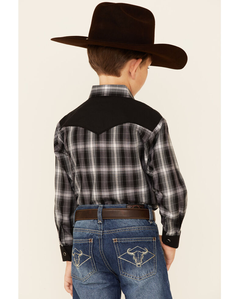 Roper Boys' Black Plaid Retro Contrast Fancy Yoke Long Sleeve Snap Western Shirt , Black, hi-res