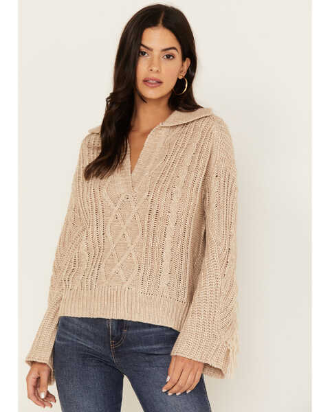 Revel Women's Cable Knit Collared Fringe Sweater, Oatmeal, hi-res