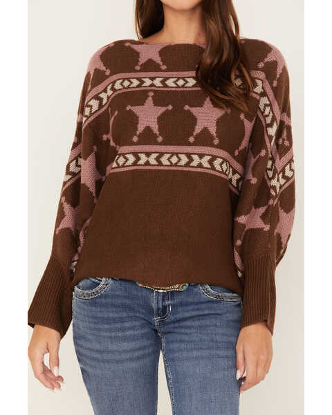 Ariat Women's Lawless Star Southwestern Pullover Sweater, Brown, hi-res