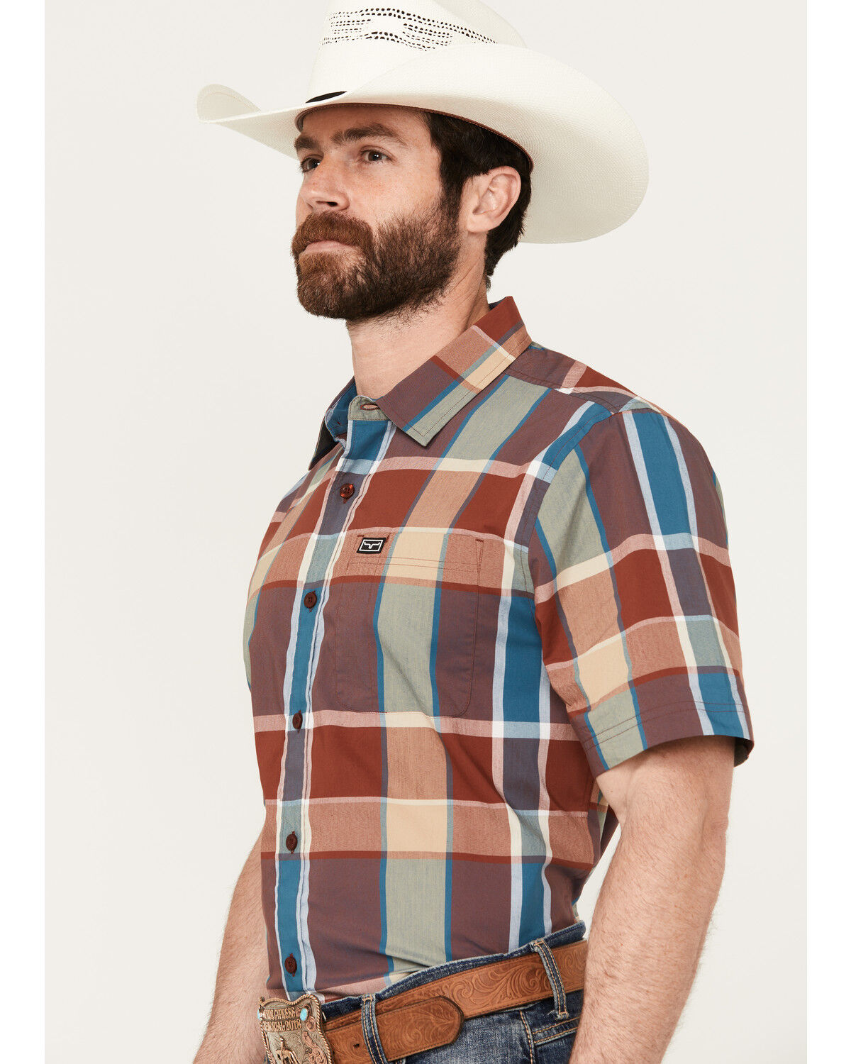 Image #2 - Kimes Ranch Men's Masonic Plaid Print Short Sleeve Button Down Shirt, Red, hi-res