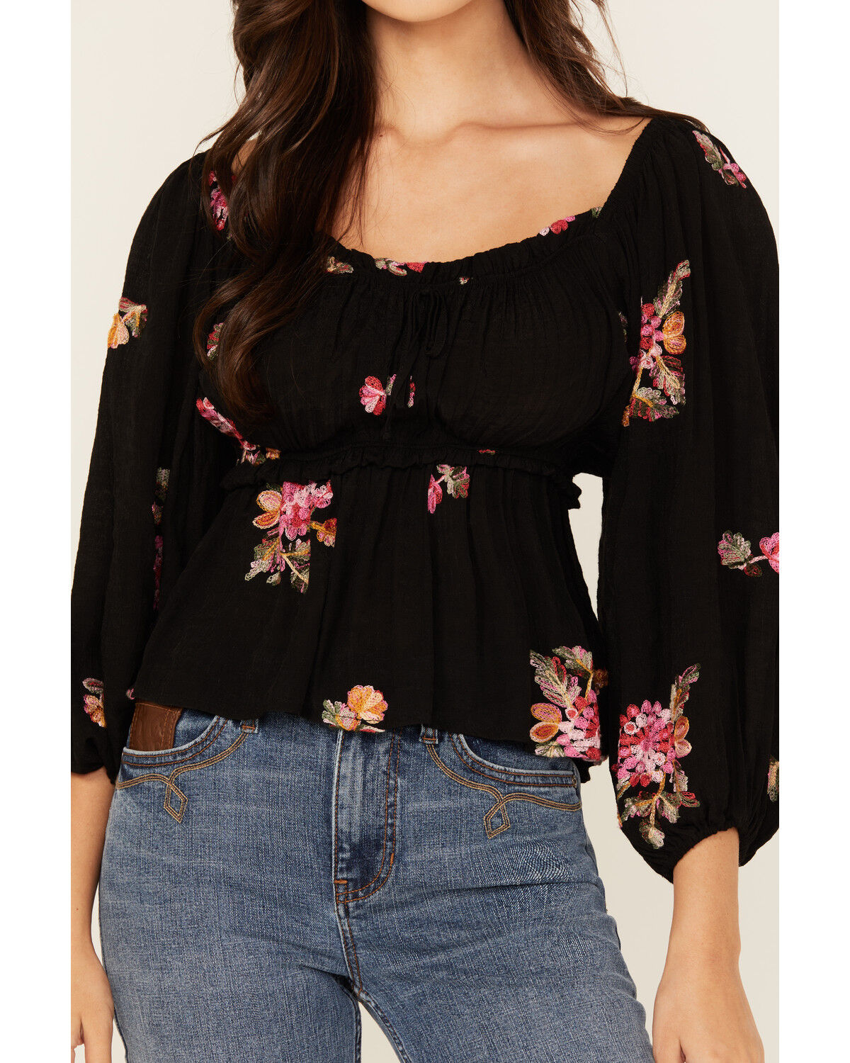 Image #3 - Wild Moss Women's Floral Embroidered 3/4 Sleeve Top, Black, hi-res