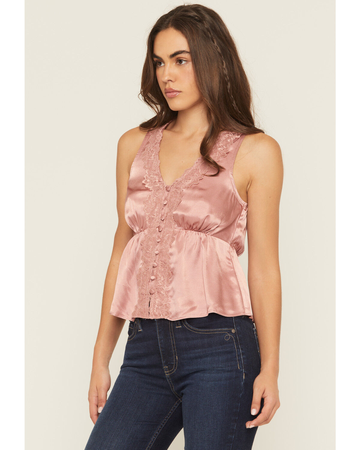 Image #2 - Shyanne Women's Satin Lace Trim Sleeveless Button-Down Tank Top, Mauve, hi-res