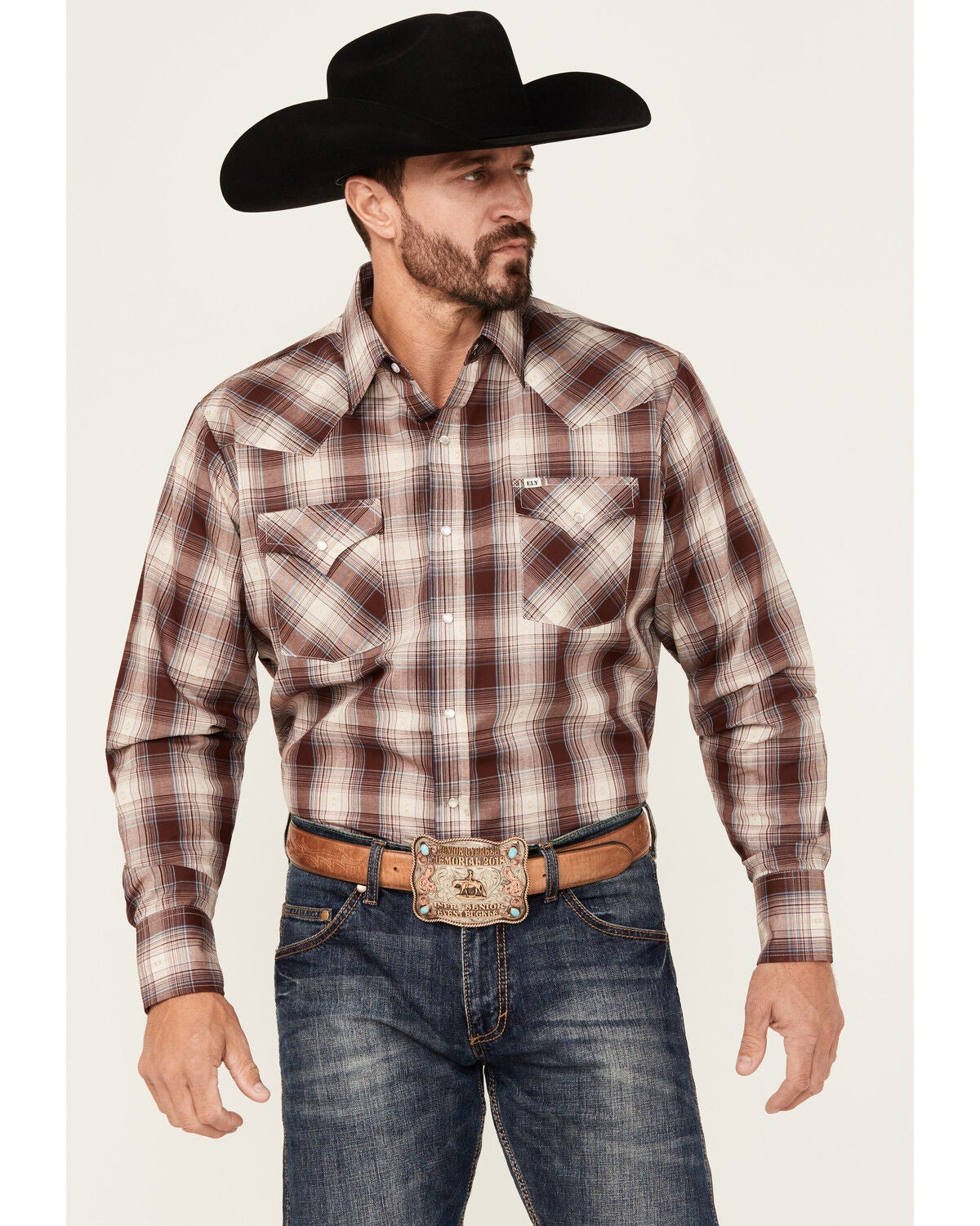 Ely Walker Men's Plaid Print Long Sleeve Pearl Snap Western Shirt, Burgundy, hi-res