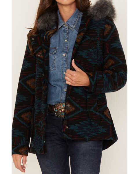 Image #3 - Outback Trading Co. Women's Southwestern Print Faux Fur Myra Coat, Teal, hi-res
