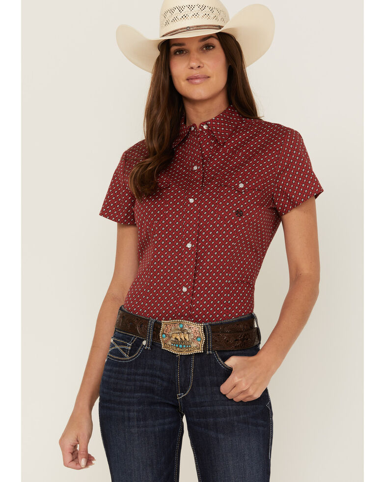 Roper Women's Amarillo Campfire Geo Print Long Sleeve Western Snap Shirt, Red, hi-res