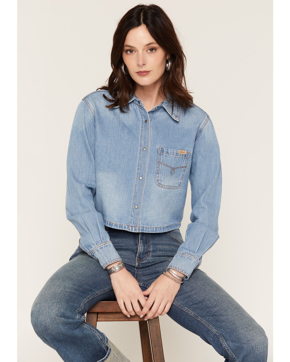 Ariat Women's Alameda Light Wash Long Sleeve Cropped Denim Shirt, Light Wash, hi-res