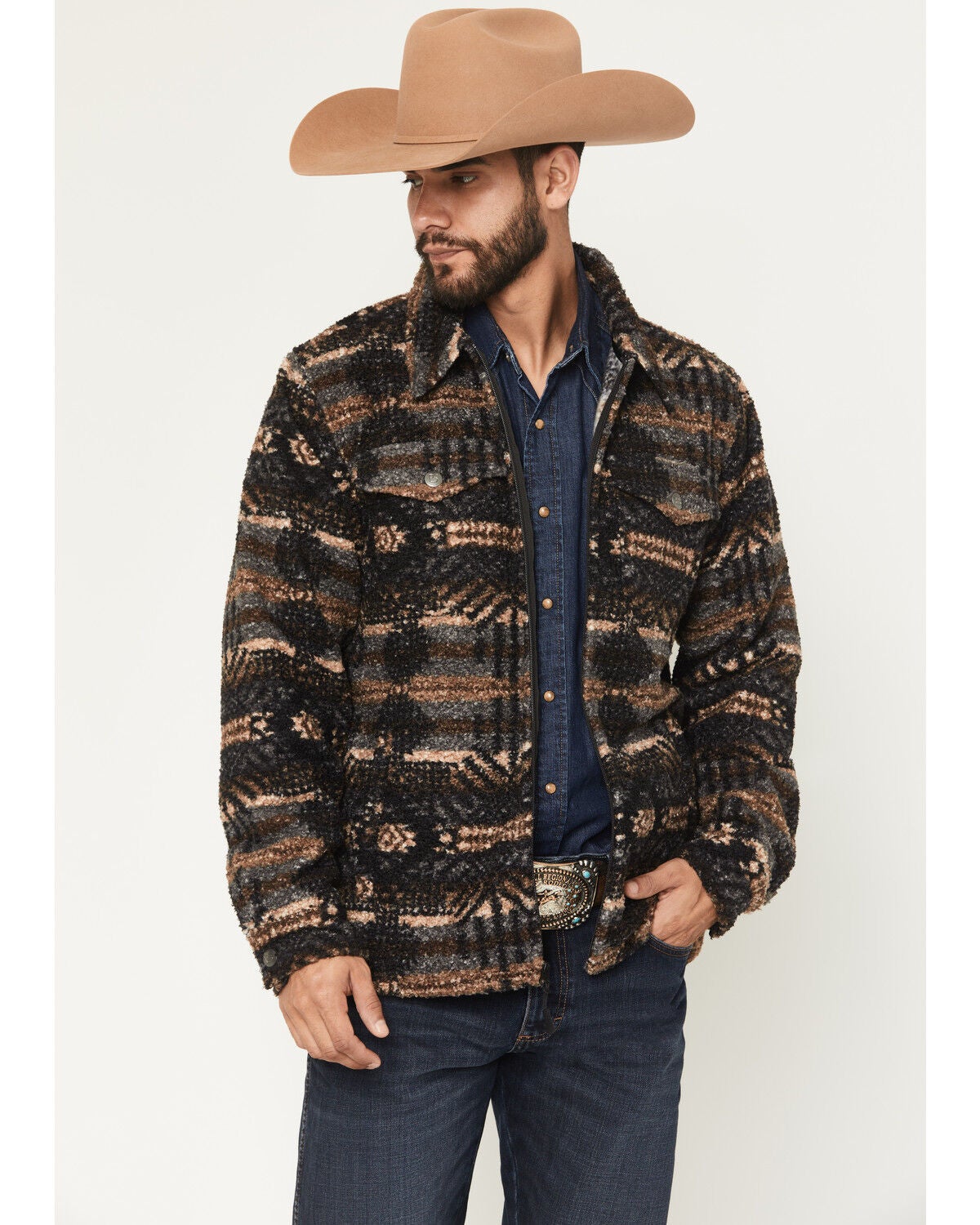 Image #1 - Panhandle Slim Men's Jicarilla Southwestern Print Berber Jacket, Charcoal, hi-res