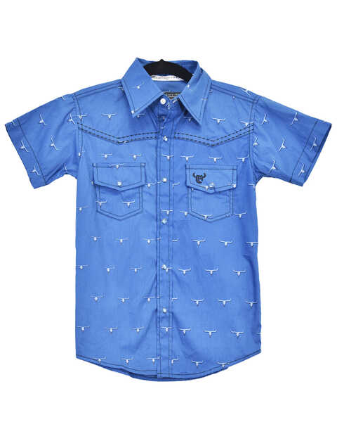 Image #1 - Cowboy Hardware Boys' Steerhead Print Short Sleeve Snap Western Shirt , Blue, hi-res