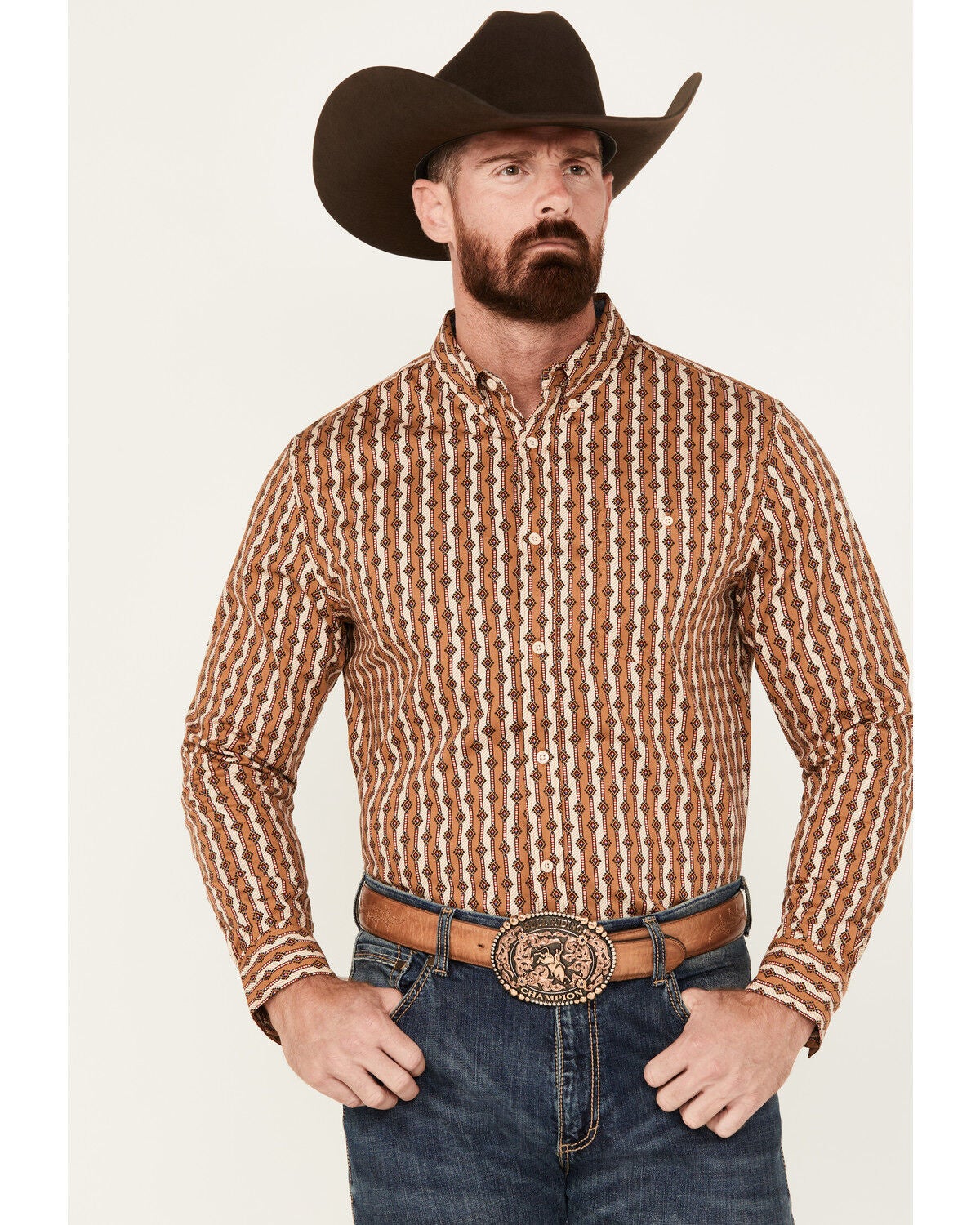 RANK 45&reg; Men's Manvel Southwestern Print Long Sleeve Button-Down Stretch Western Shirt, Lt Brown, hi-res