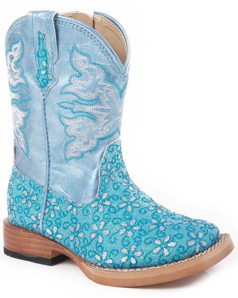 Image #1 - Roper Toddler Girls' Glittery Flower Western Boots - Square Toe, Blue, hi-res