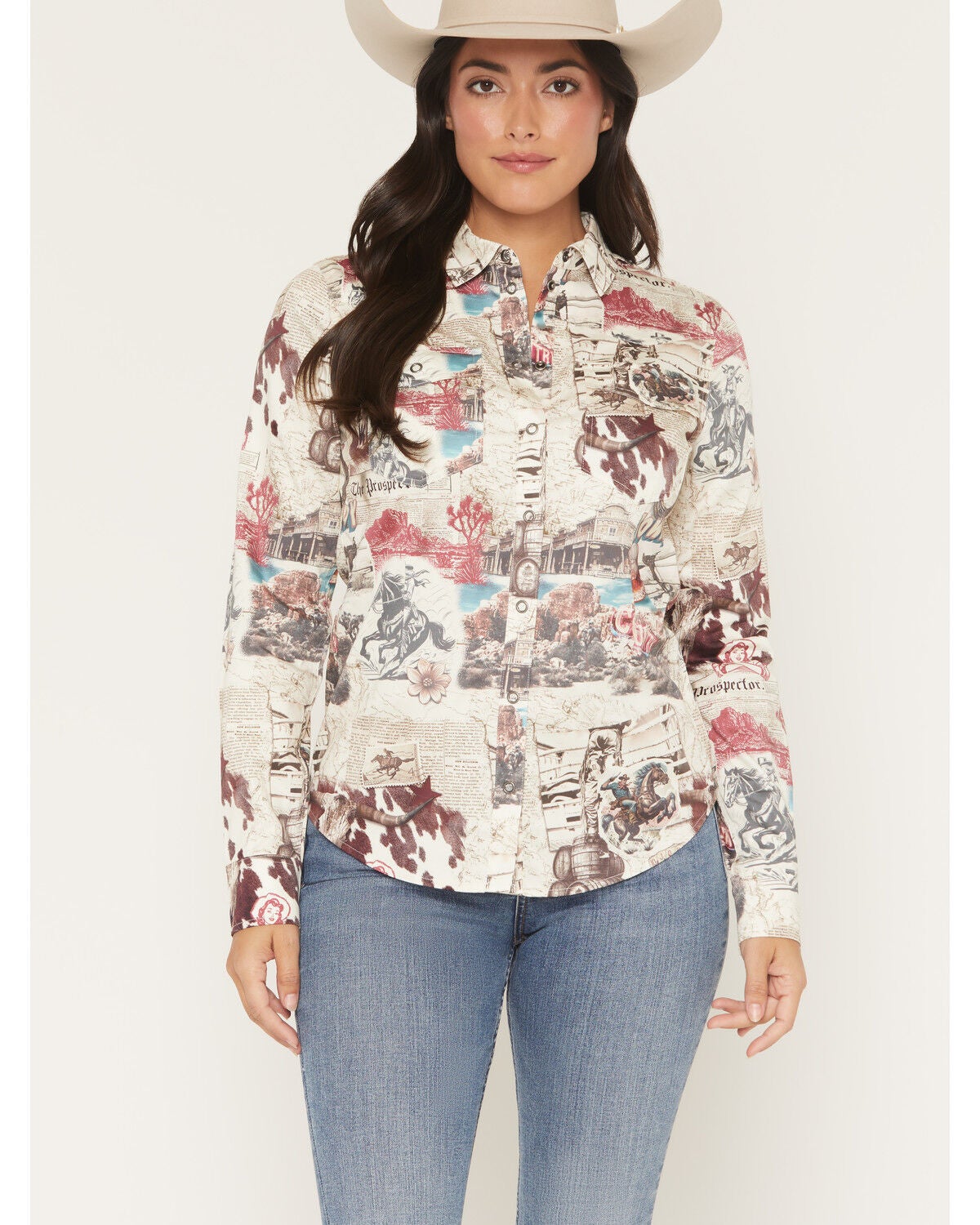 Image #1 - Shyanne Women's Spiritdance Conversational Print Long Sleeve Snap Stretch Western Shirt, Cream, hi-res
