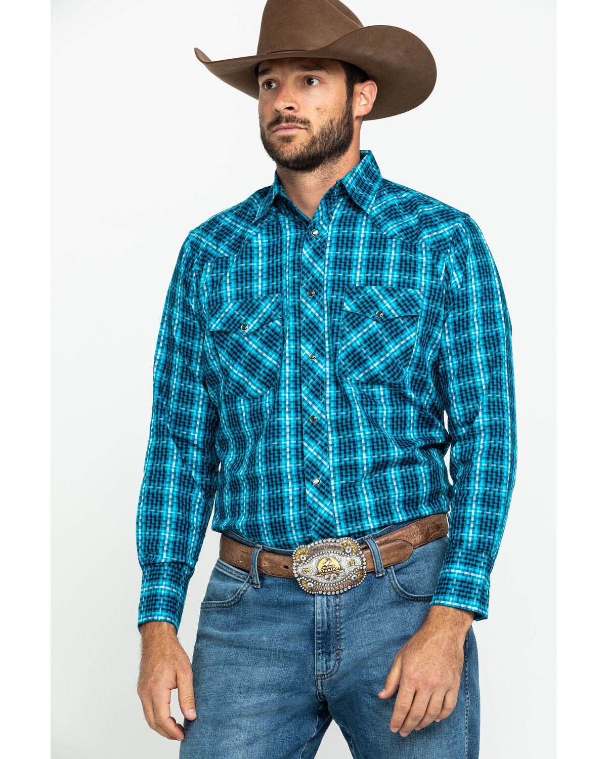 Image #1 - Wrangler Silver Edition Men's Teal Checotah Geo Print Long Sleeve Western Shirt, Teal, hi-res