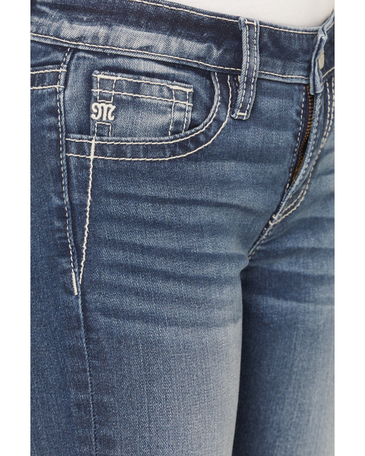 Image #2 - Miss Me Girls' Medium Wash Mid Rise Wing Pocket Bootcut Stretch Denim Jeans, Medium Wash, hi-res
