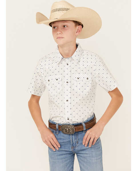 Image #1 - Cody James Boys' Challenger Horseshoe Print Short Sleeve Snap Western Shirt , White, hi-res